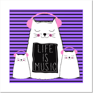 Music Is Life - Cute Cats Music Lover Quote Artwork Posters and Art